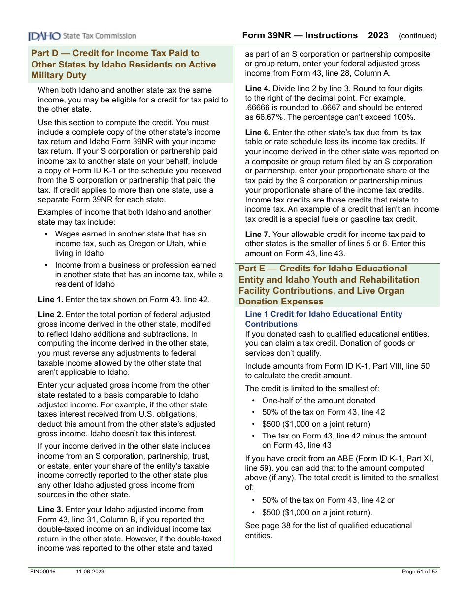Form 39NR (EFO00087) Part-Year Resident and Nonresident Supplemental Schedule - Idaho, Page 14