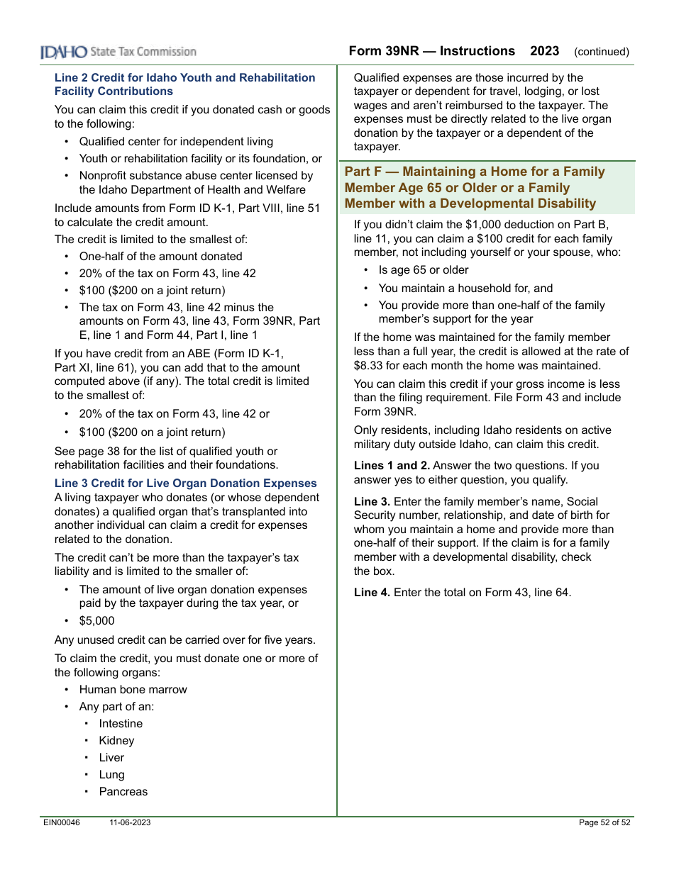 Form 39NR (EFO00087) Part-Year Resident and Nonresident Supplemental Schedule - Idaho, Page 15