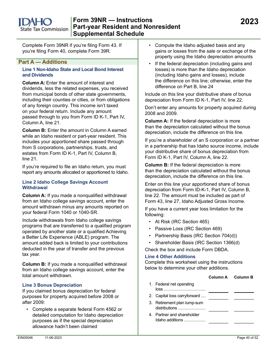 Form 39NR (EFO00087) Part-Year Resident and Nonresident Supplemental Schedule - Idaho, Page 3
