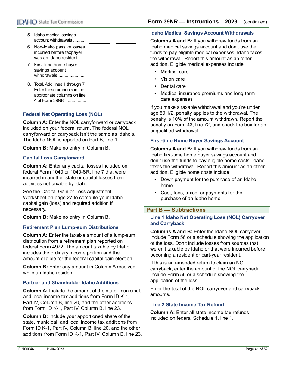 Form 39NR (EFO00087) Part-Year Resident and Nonresident Supplemental Schedule - Idaho, Page 4