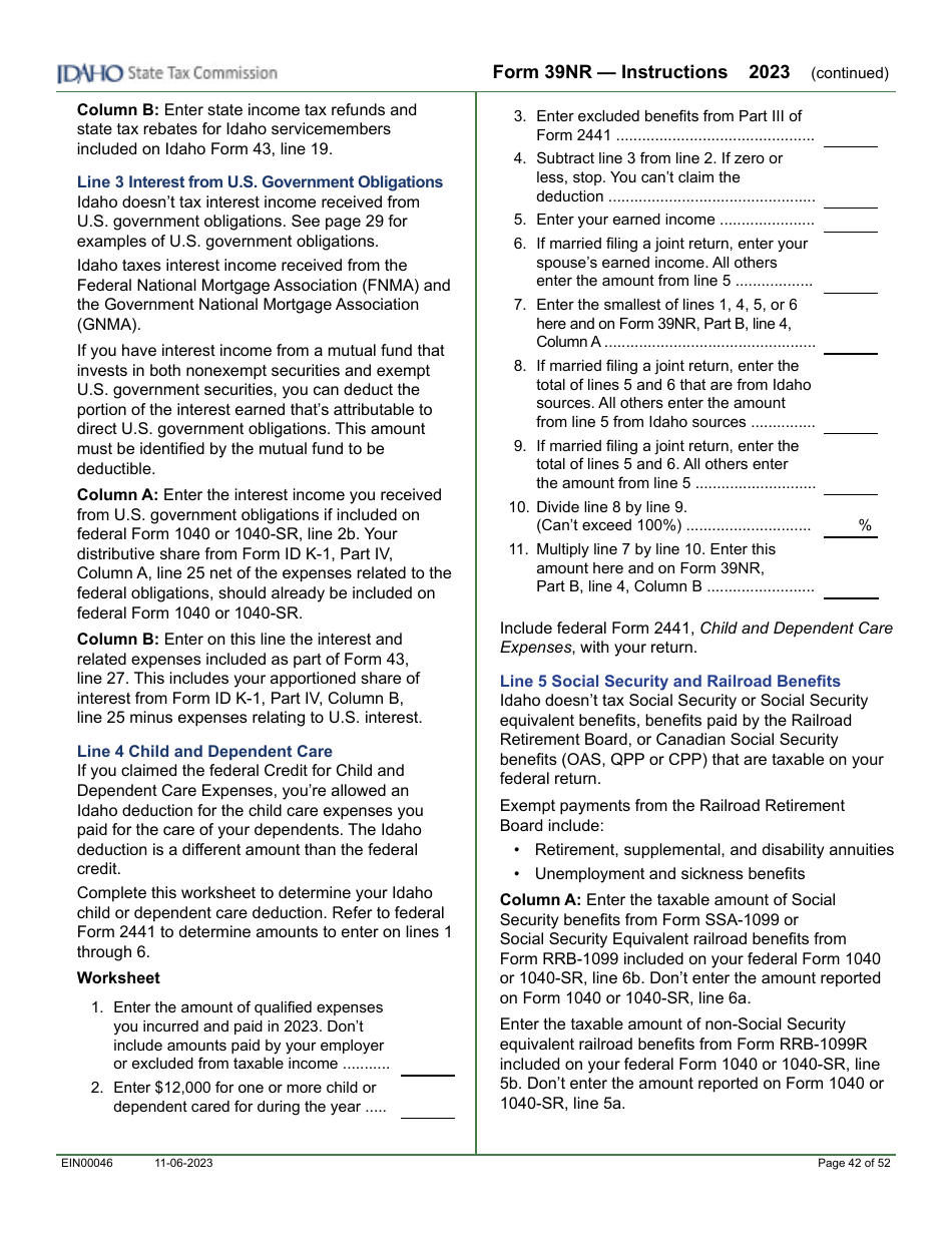 Form 39NR (EFO00087) Part-Year Resident and Nonresident Supplemental Schedule - Idaho, Page 5