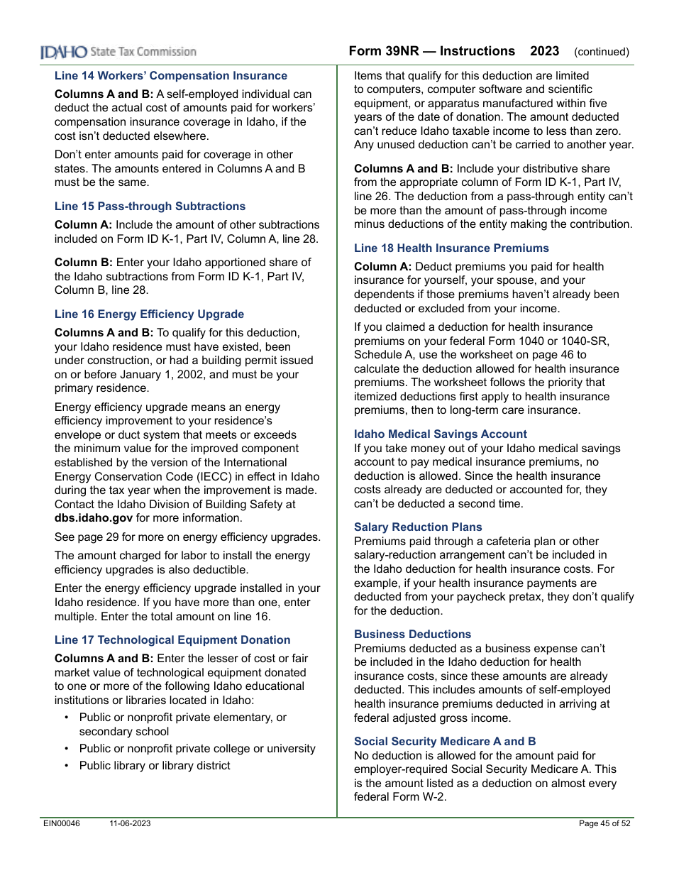 Form 39NR (EFO00087) Part-Year Resident and Nonresident Supplemental Schedule - Idaho, Page 8