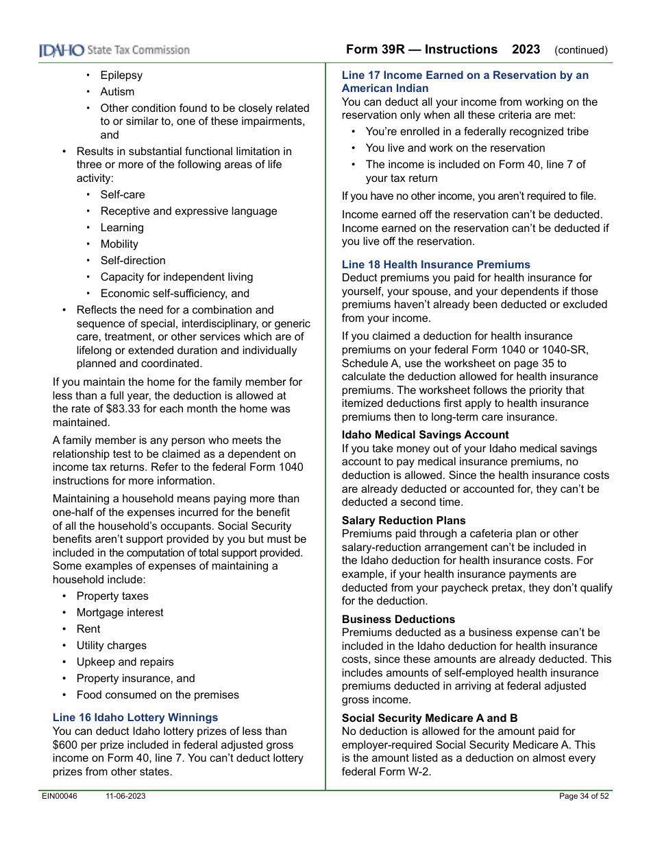 Form 39R (EFO00088) Resident Supplemental Schedule - Idaho, Page 10