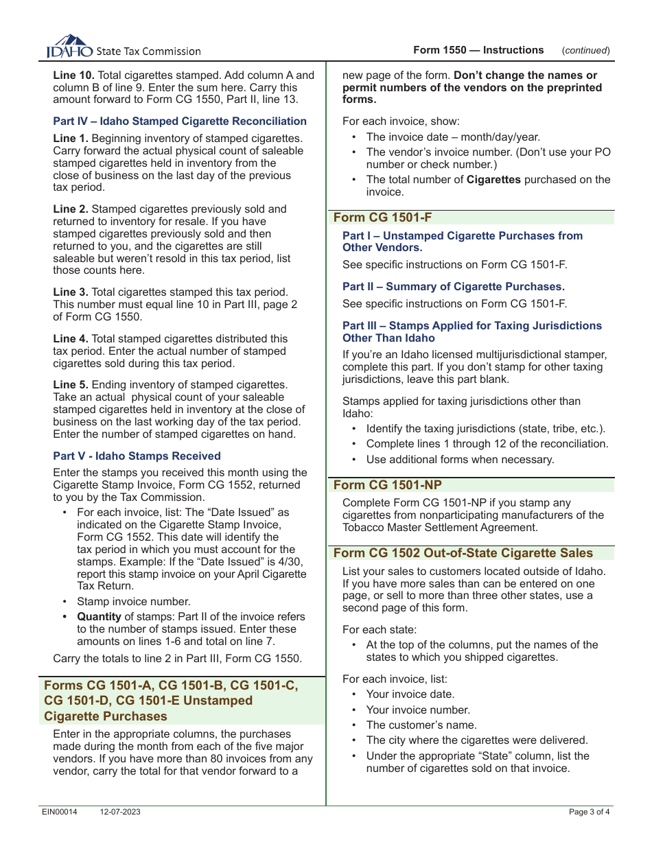 Instructions for Form 1550 Cigarette Tax Return - Idaho, Page 3