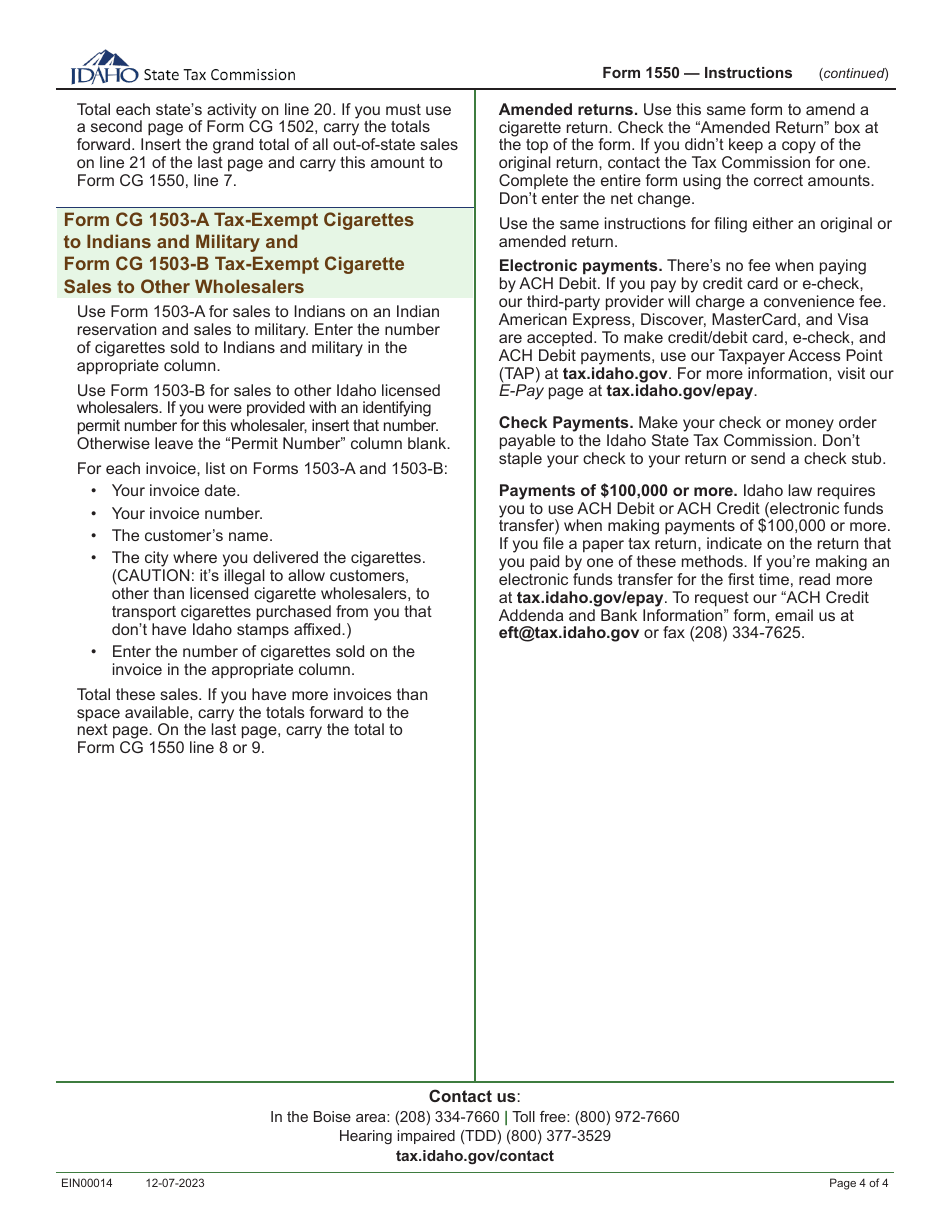 Instructions for Form 1550 Cigarette Tax Return - Idaho, Page 4