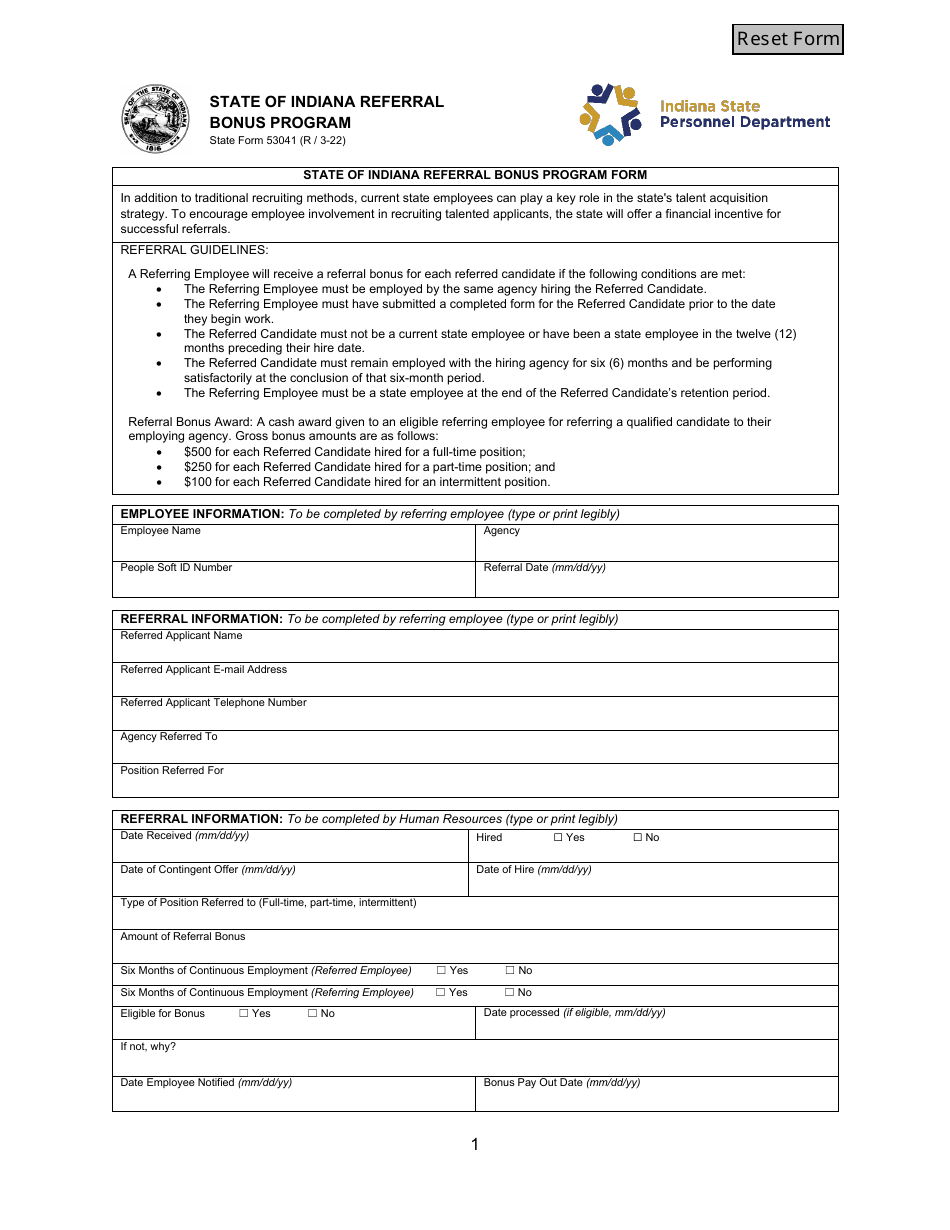 State Form 53041 State of Indiana Referral Bonus Program - Indiana, Page 1