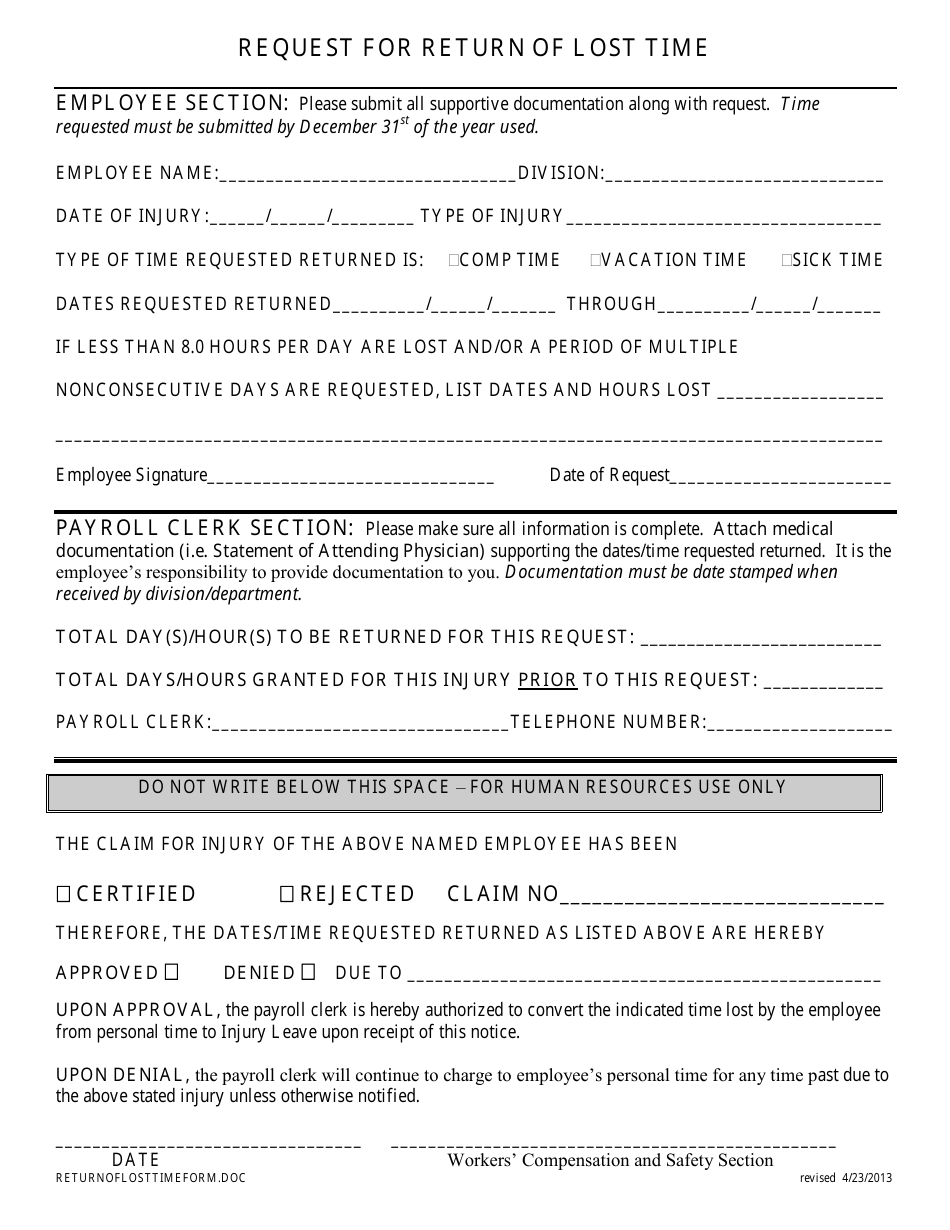 City of Toledo Ohio Request for Return of Lost Time Fill Out Sign