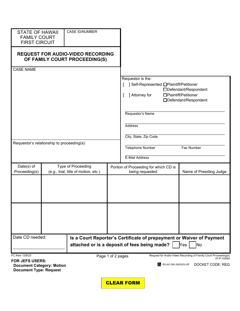 Form 1F-P-1054A Request for Audio-Video Recording of Family Court Proceeding(S) - Hawaii, Page 1