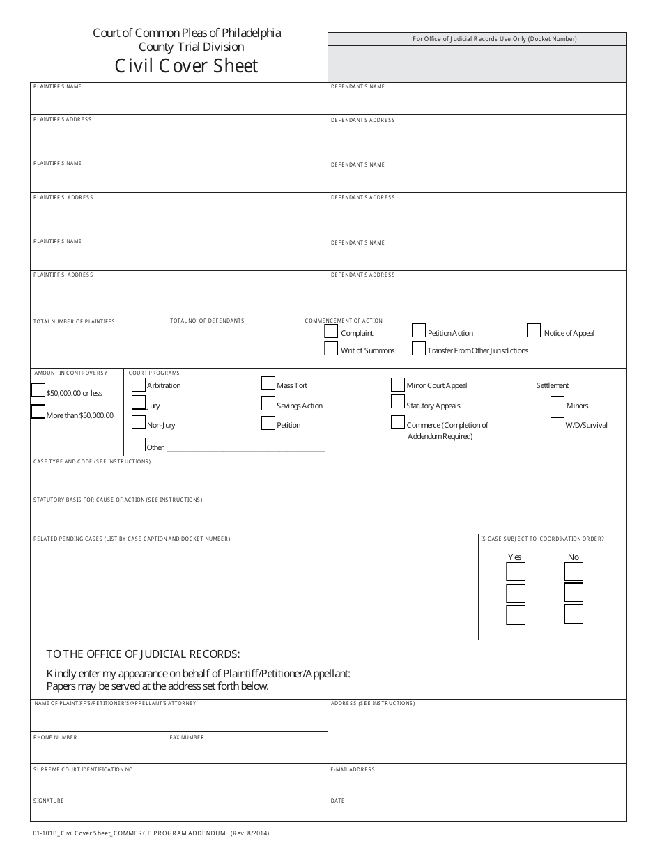 Form 01-101B Civil Cover Sheet and Commerce Program Addendum - Philadelphia County, Pennsylvania, Page 1
