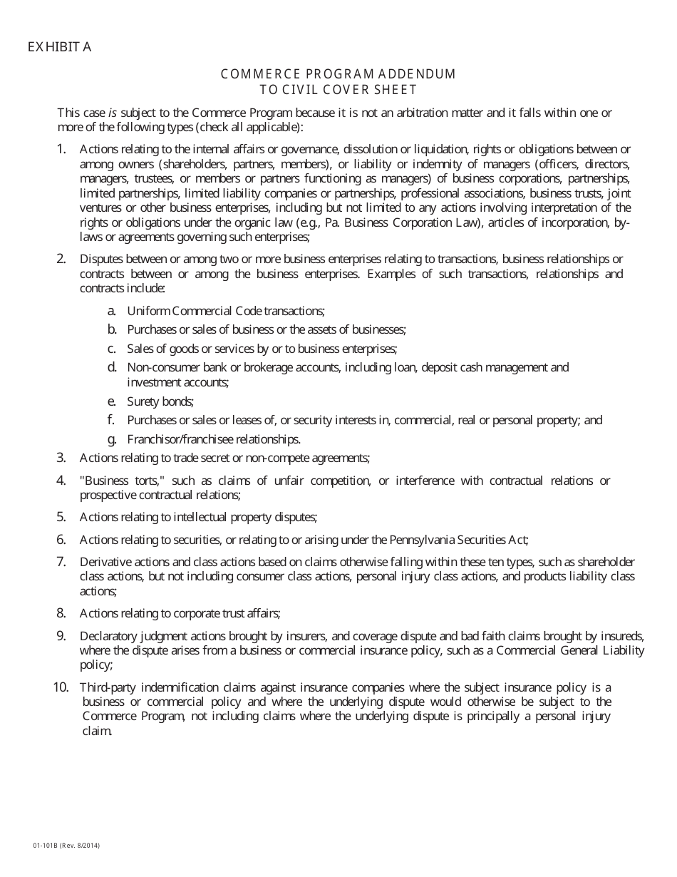 Form 01-101B Civil Cover Sheet and Commerce Program Addendum - Philadelphia County, Pennsylvania, Page 2