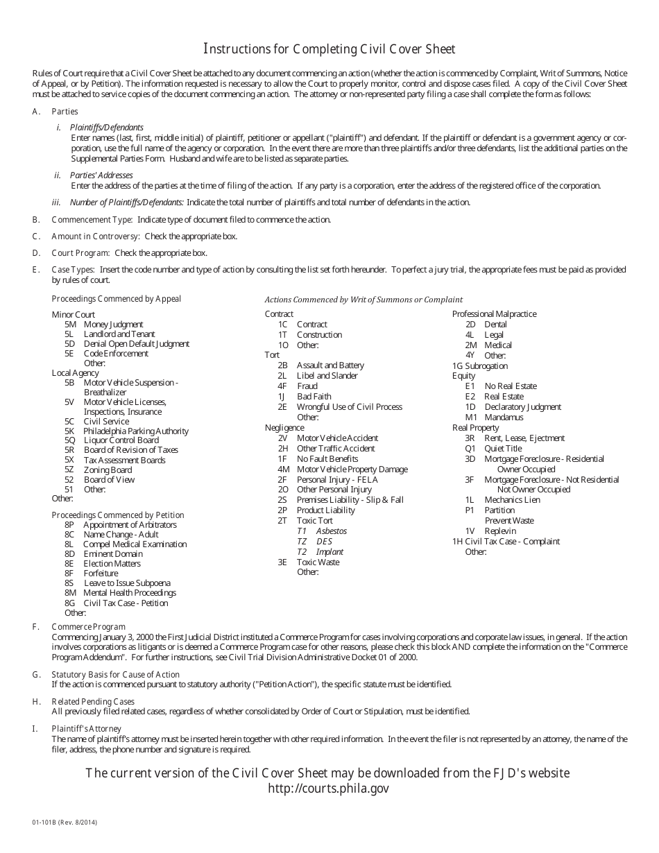 Form 01-101B Civil Cover Sheet and Commerce Program Addendum - Philadelphia County, Pennsylvania, Page 3
