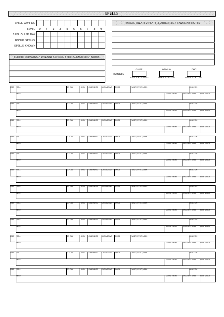 Spell Sheet for Dungeons and Dragons 3.5 Edition