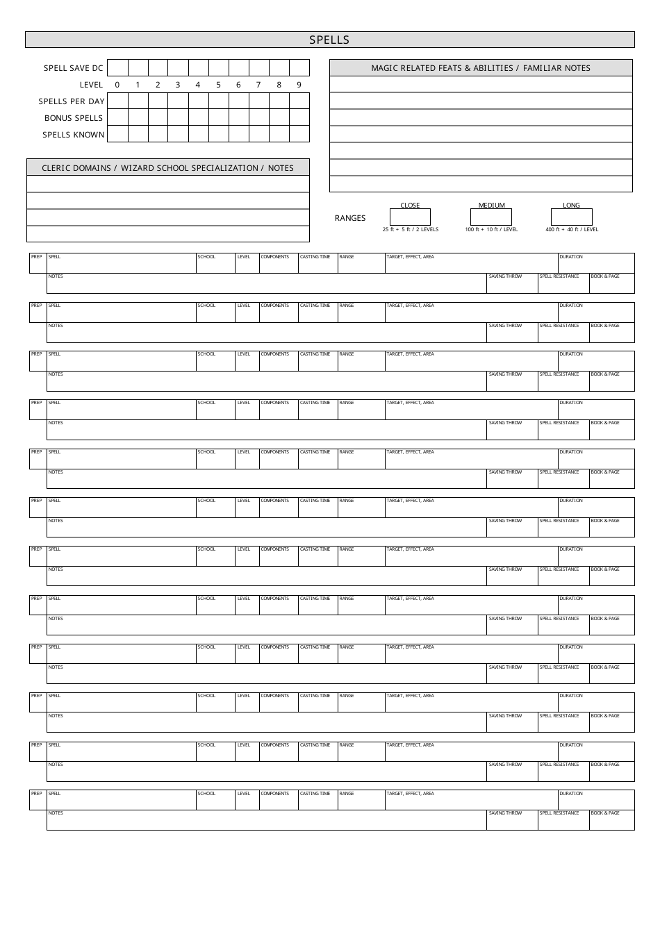 Dungeons And Dragons Spells Sheet Printable