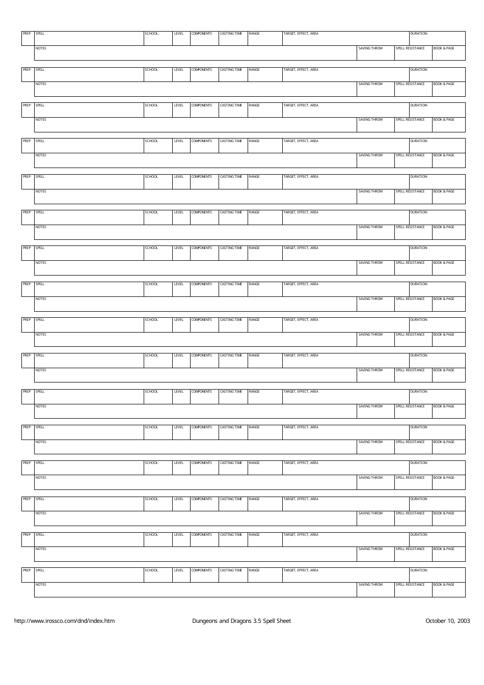 Dungeons and Dragons 3.5 Spell Sheet, Page 2