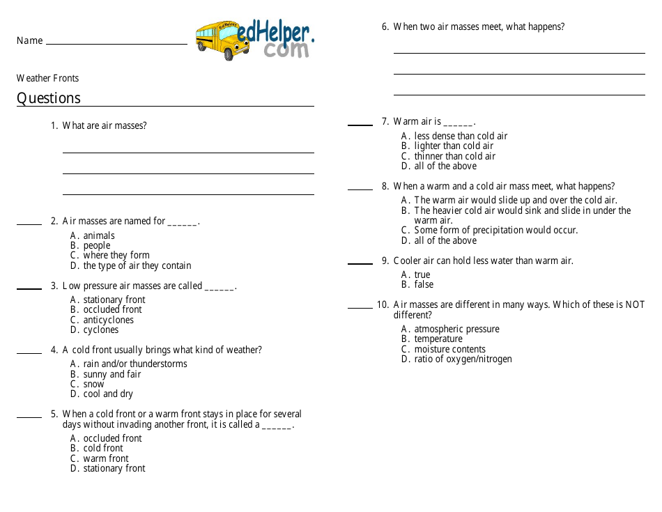 Weather Fronts Reading Comprehension Worksheet, Page 2