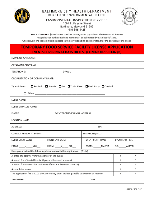 BCHD Form T-78 Temporary Food Service Facility License Application - Baltimore City, Maryland