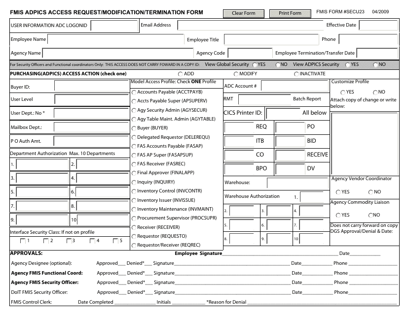 FMIS Form SECU23 FMIS Adpics Access Request/Modification/Termination Form - Maryland
