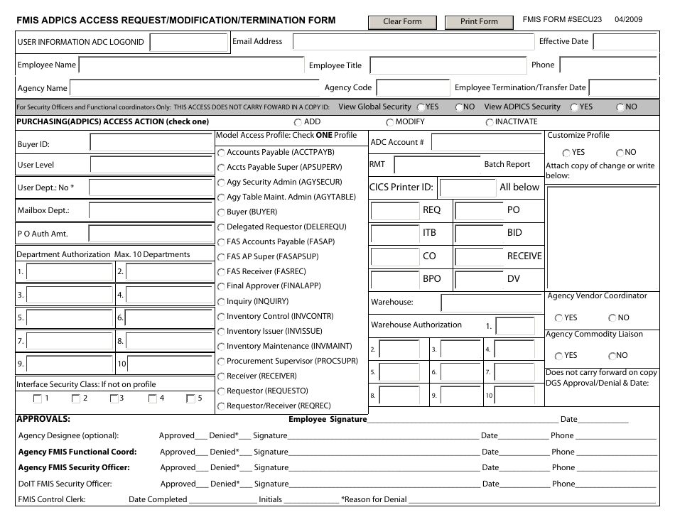 FMIS Form SECU23 FMIS Adpics Access Request / Modification / Termination Form - Maryland, Page 1