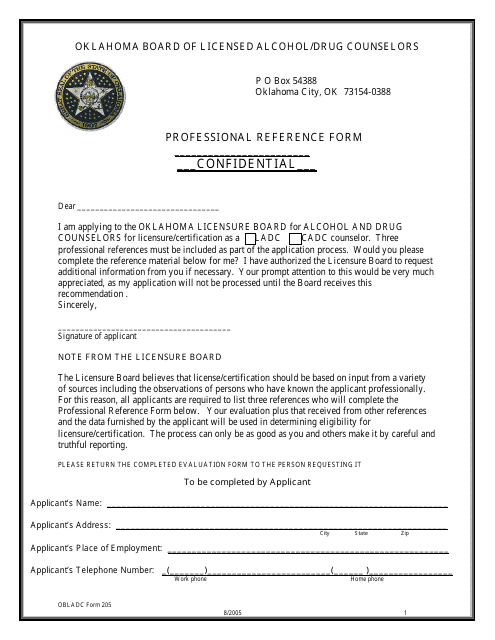 Form 205 Professional Reference Form - Oklahoma