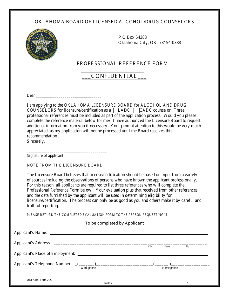 Form 205 Professional Reference Form - Oklahoma, Page 1