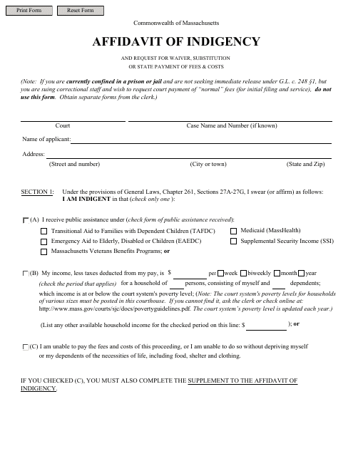 Affidavit of Indigency and Request for Waiver, Substitution or State Payment of Fees & Costs - Massachusetts