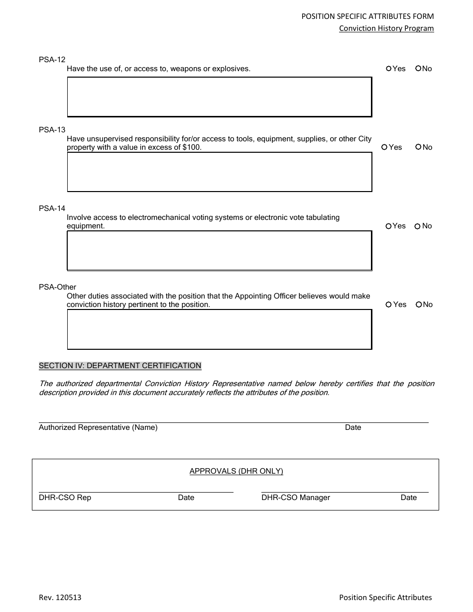 Position Specific Attributes Form - Conviction History Program - CITY AND COUNTY OF SAN FRANCISCO, California, Page 3