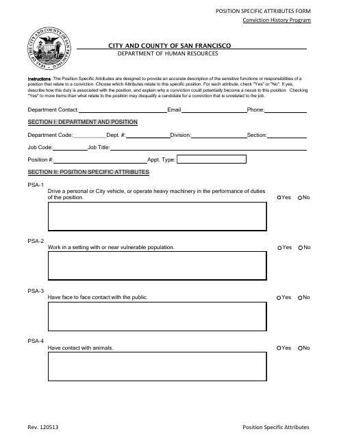Position Specific Attributes Form - Conviction History Program - CITY AND COUNTY OF SAN FRANCISCO, California Download Pdf