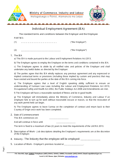 Individual Employment Agreement (Iea) - Samoa Download Pdf