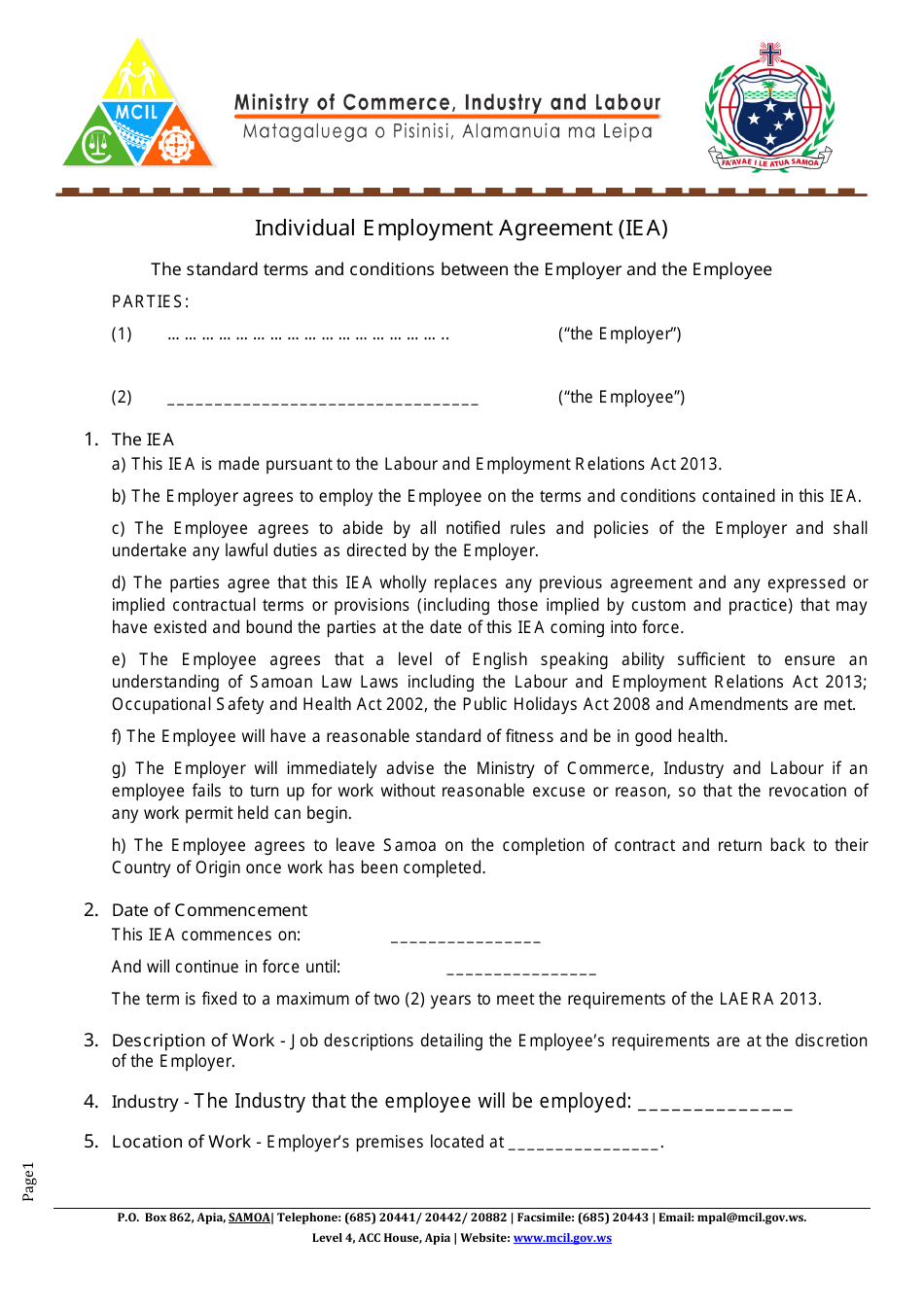 Individual Employment Agreement (Iea) - Samoa, Page 1