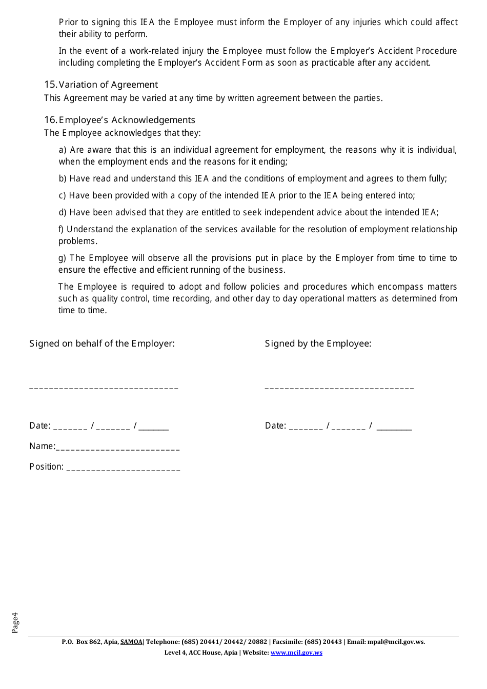 Individual Employment Agreement (Iea) - Samoa, Page 4