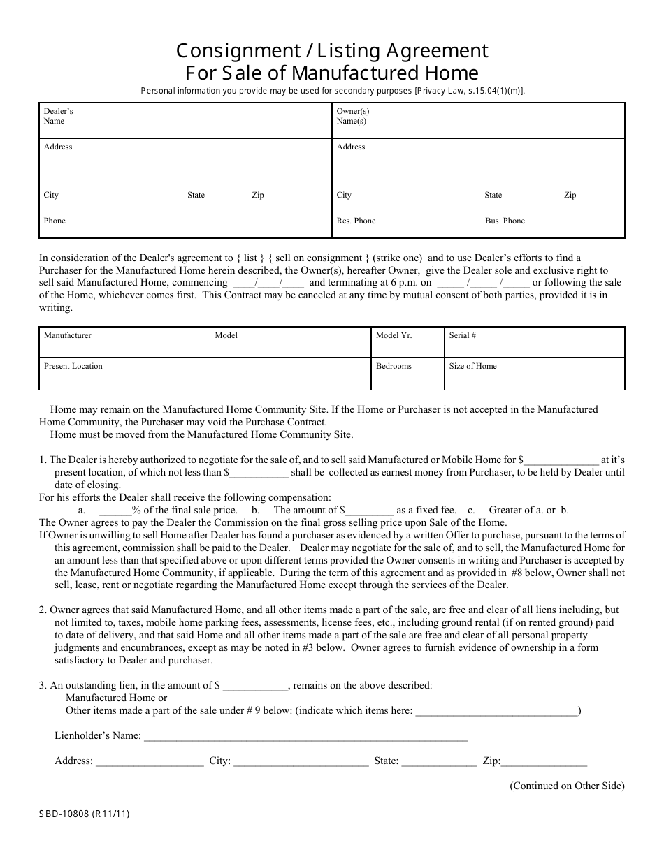 Form SBD-10808 Consignment / Listing Agreement for Sale of Manufactured Home - Wisconsin, Page 1