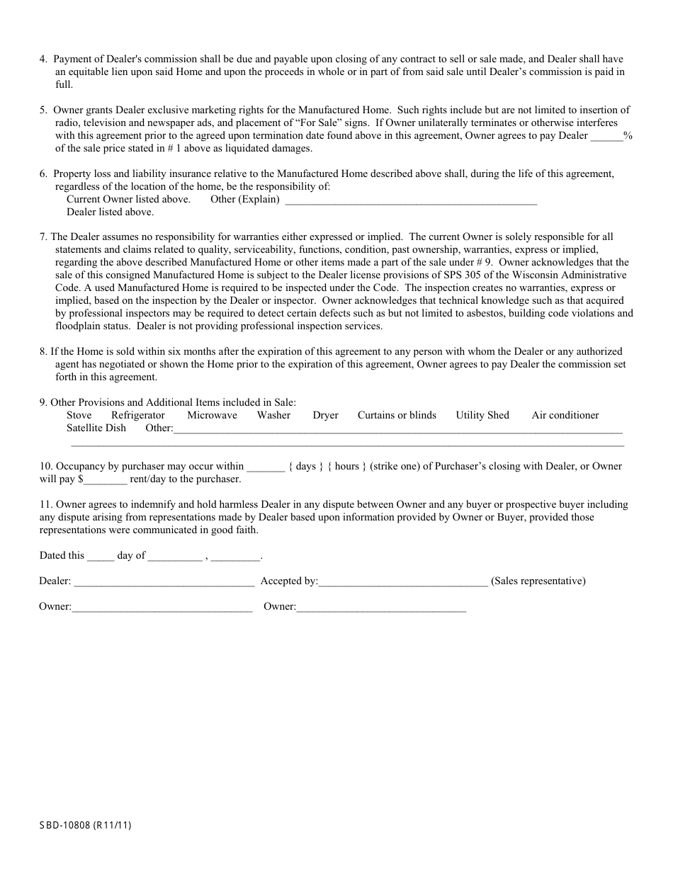 Form SBD-10808 Consignment / Listing Agreement for Sale of Manufactured Home - Wisconsin, Page 2