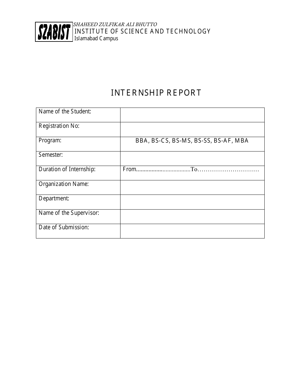 Internship Report Template - Shaheed Zulfikar Ali Bhutto Institute of Science and Technology, Page 1