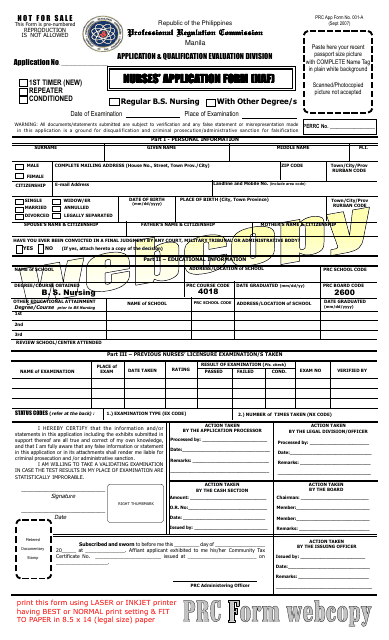 Form 001-A Nurses&#039; Application Form (NAF) - Sample - Philippines