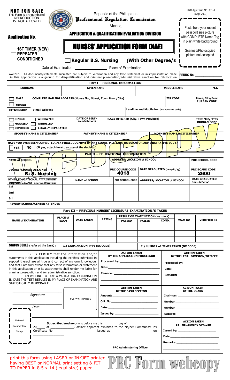 Form 001-A Nurses Application Form (NAF) - Sample - Philippines, Page 1