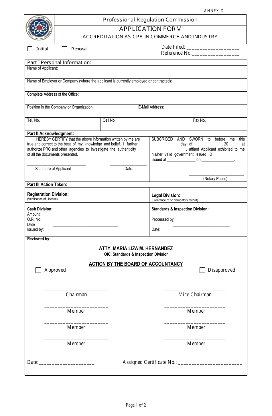 Application Form for Accreditation as CPA in Commerce and Industry - Philippines, Page 1