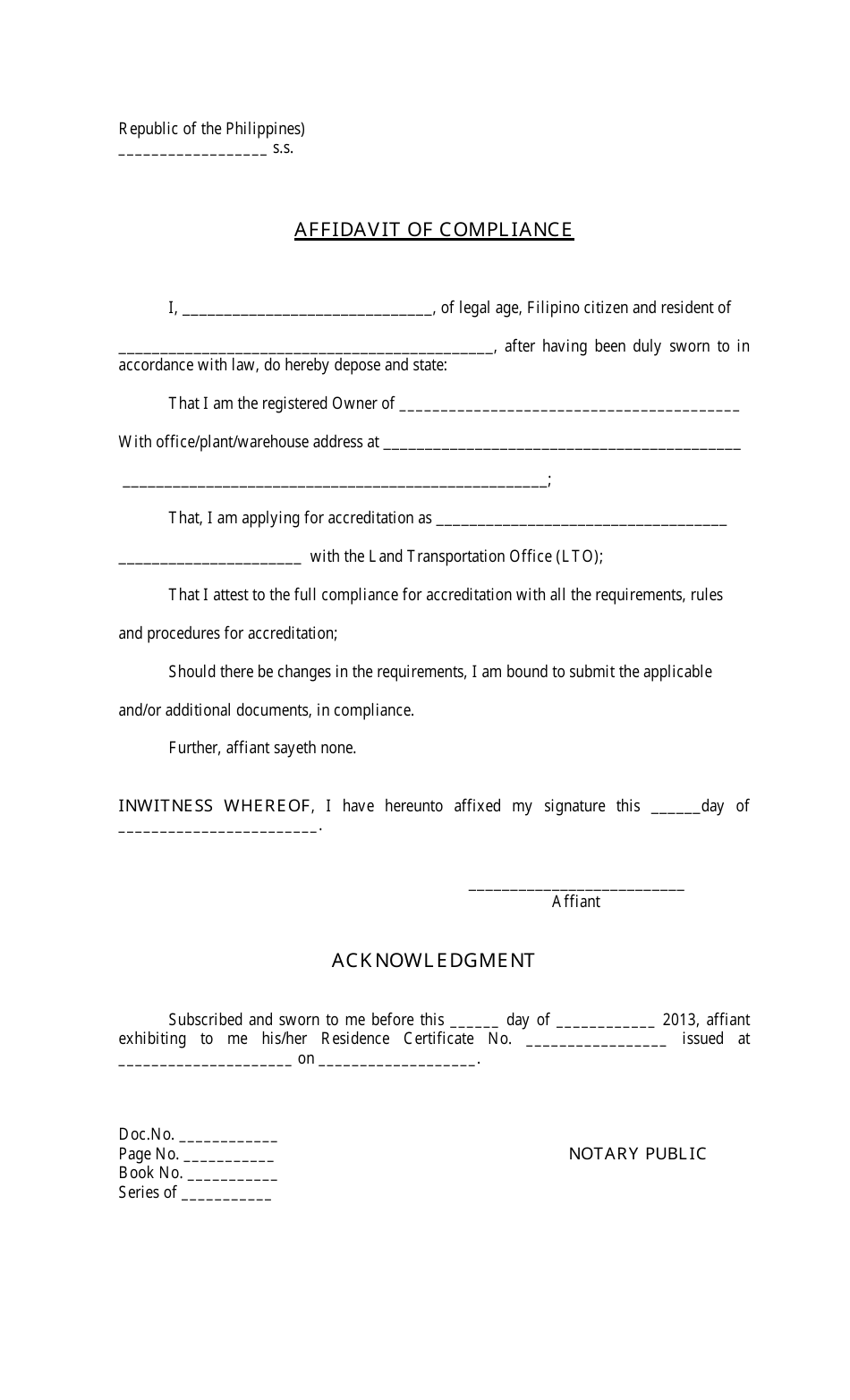 Affidavit of Compliance Form - Philippines, Page 1