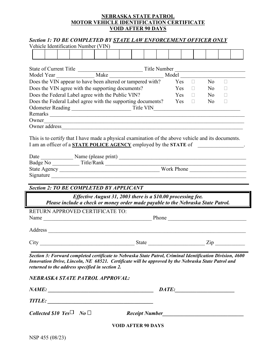 Form NSP455 Motor Vehicle Identification Certificate - Nebraska, Page 1