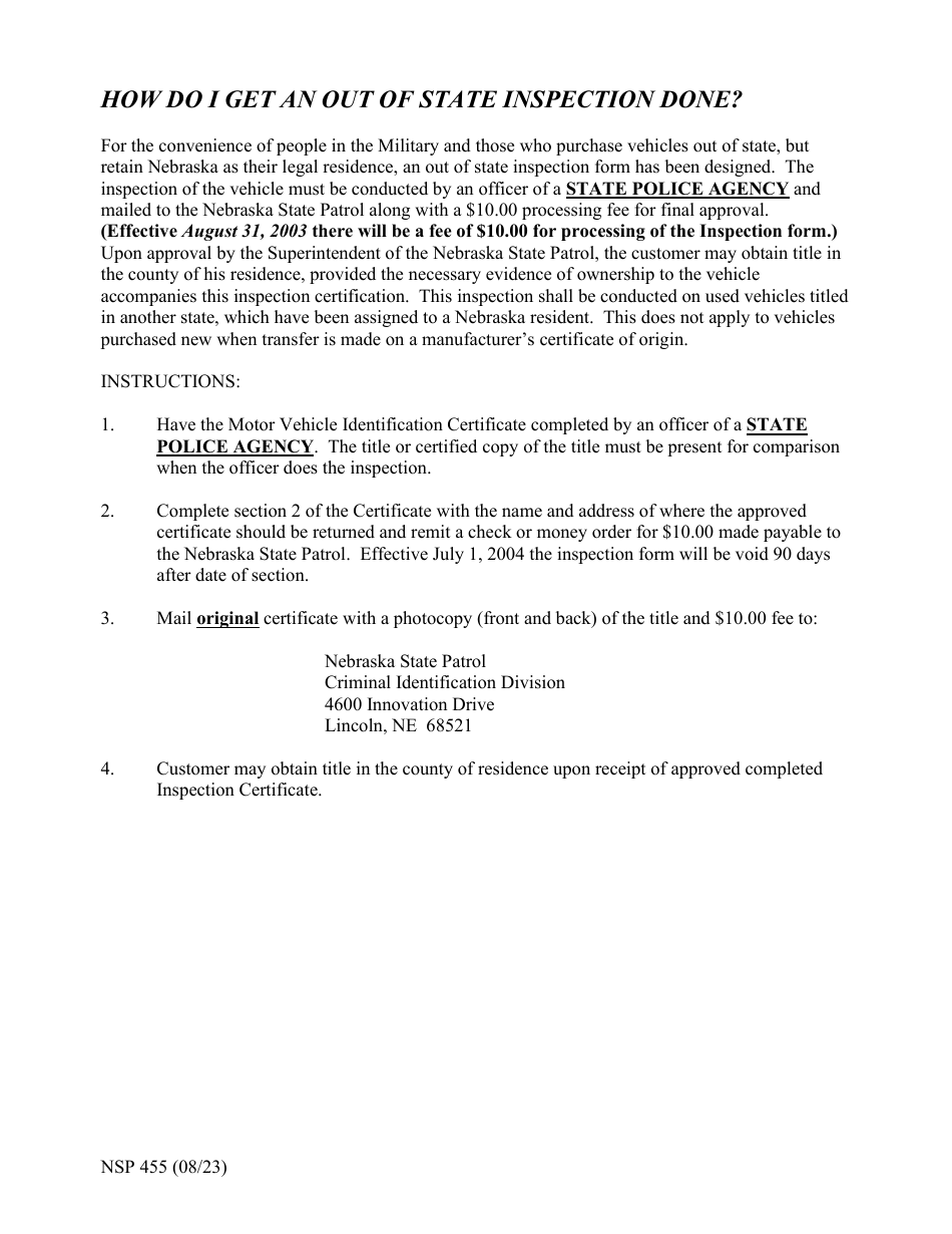 Form NSP455 Motor Vehicle Identification Certificate - Nebraska, Page 2