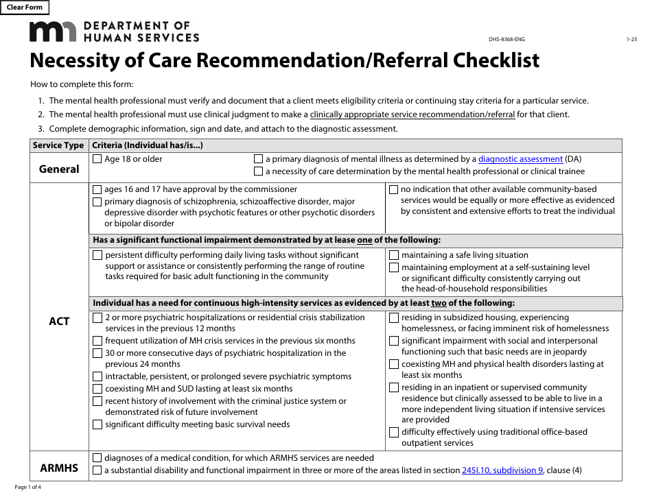 Form DHS-8368-ENG Necessity of Care Recommendation / Referral Checklist - Minnesota, Page 1