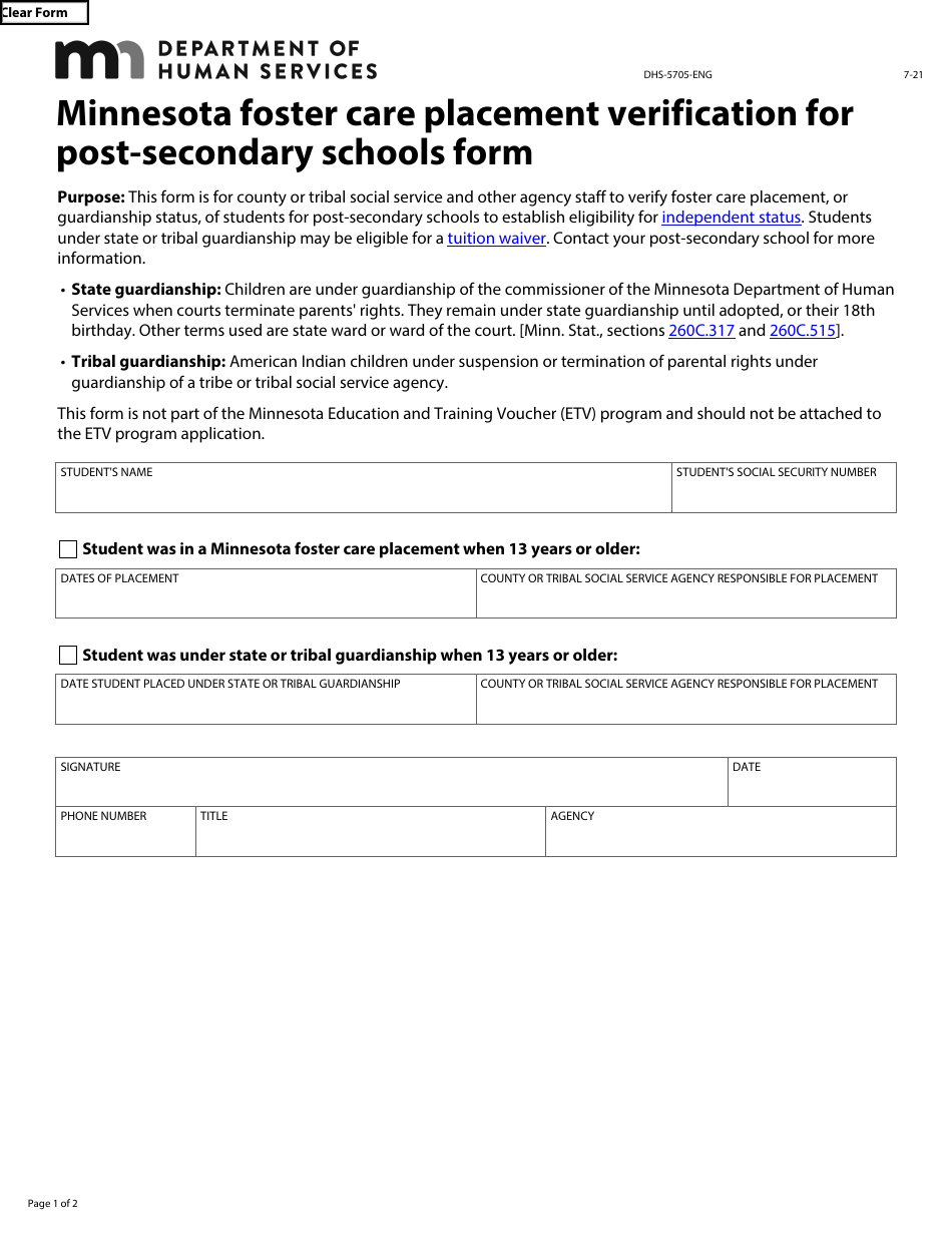 Form DHS-5705-ENG Minnesota Foster Care Placement Verification for Post-secondary Schools Form - Minnesota, Page 1