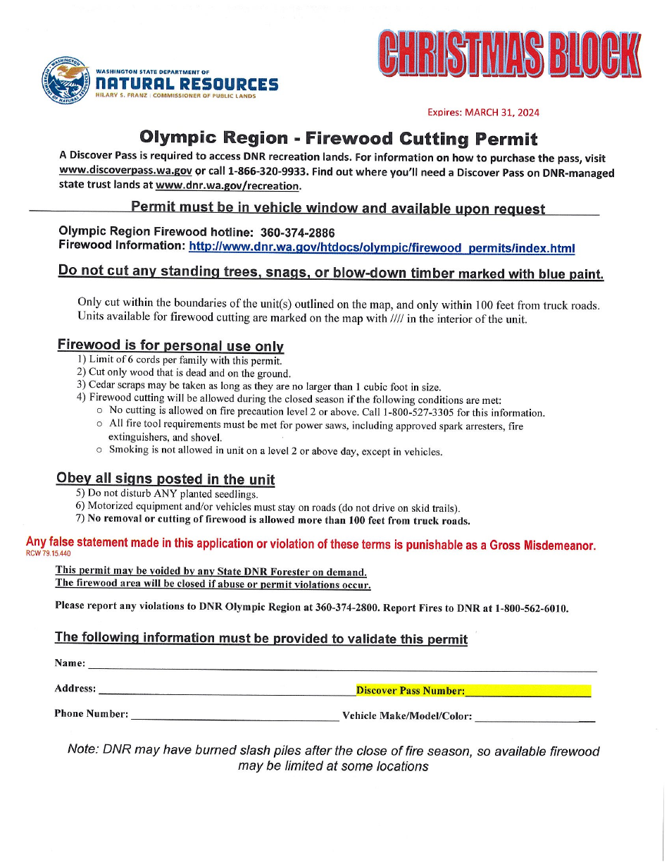 Olympic Region Firewood Cutting Permit - Christmas Block - Washington, Page 1