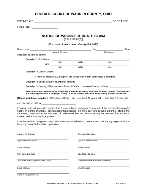 Notice of Wrongful Death Claim (For Dates of Death on or After April 4, 2023) - Warren County, Ohio