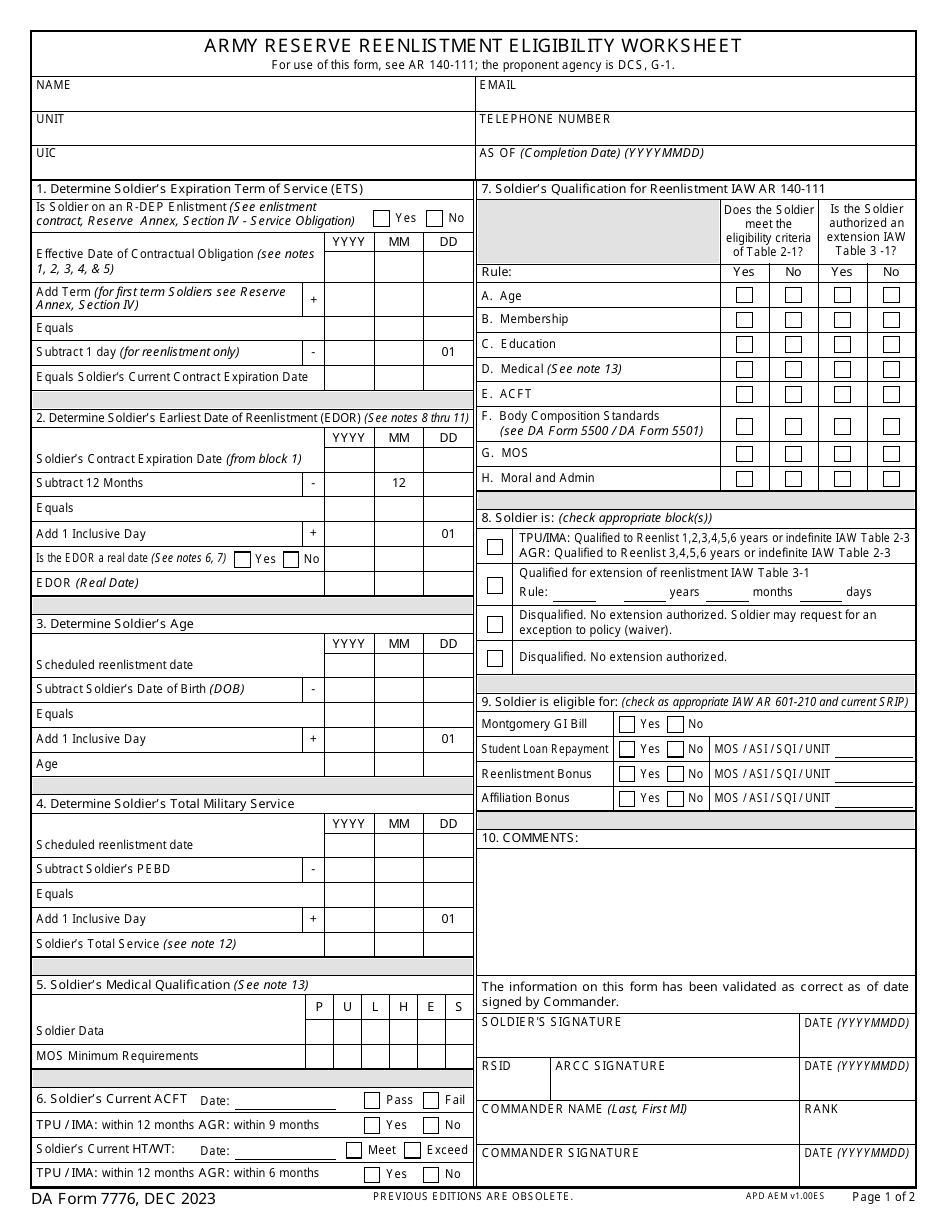 DD Form 7776 Army Reserve Reenlistment Eligibility Worksheet, Page 1