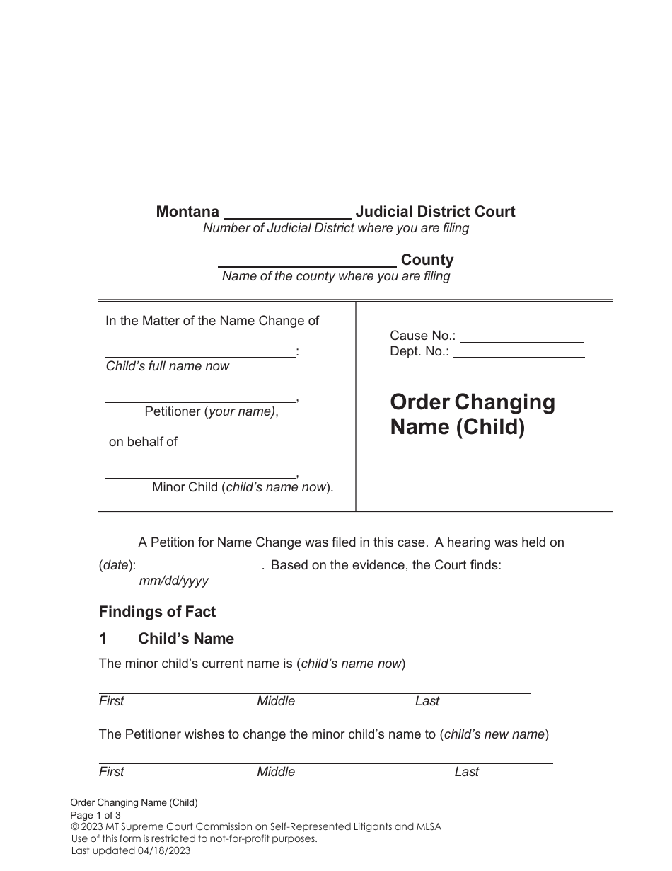 Order Changing Name (Child) - Montana, Page 1