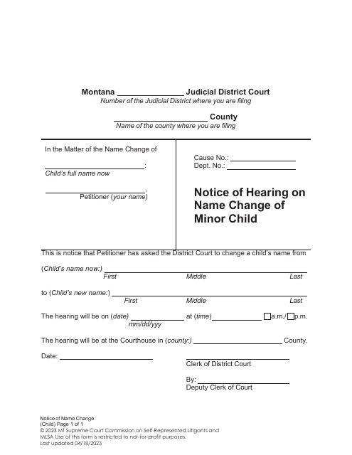 Notice of Hearing on Name Change of Minor Child - Montana
