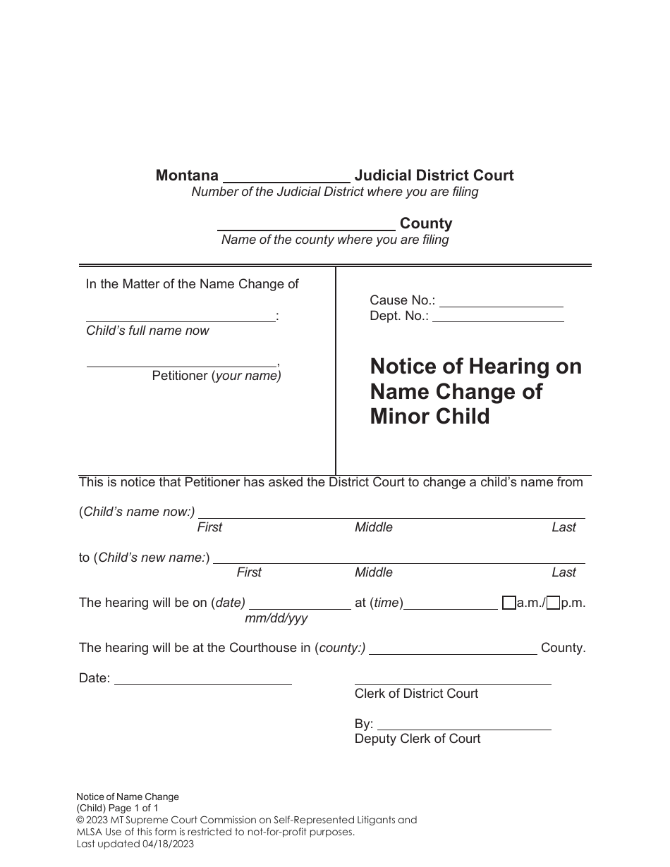 Notice of Hearing on Name Change of Minor Child - Montana, Page 1