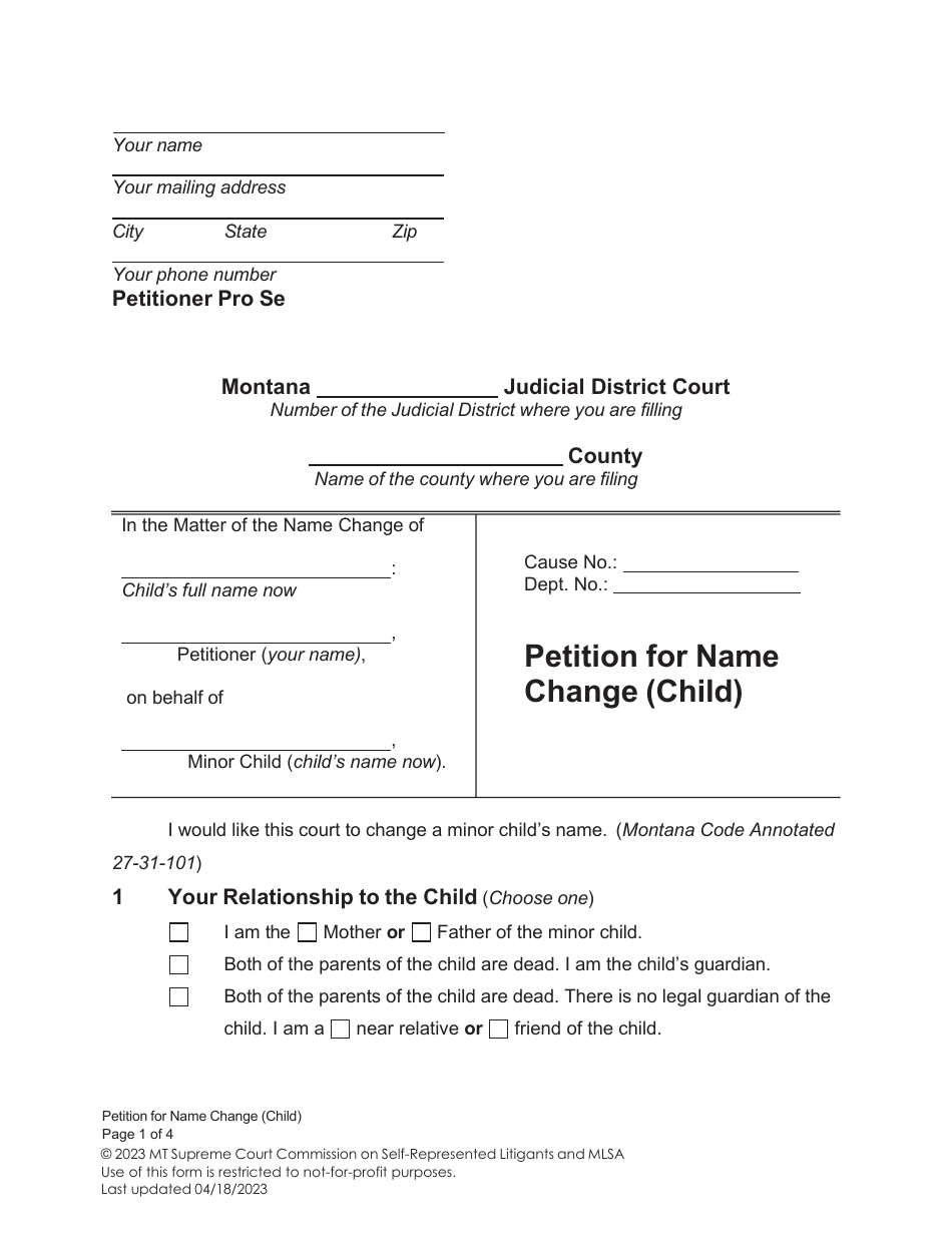 Petition for Name Change (Child) - Montana, Page 1