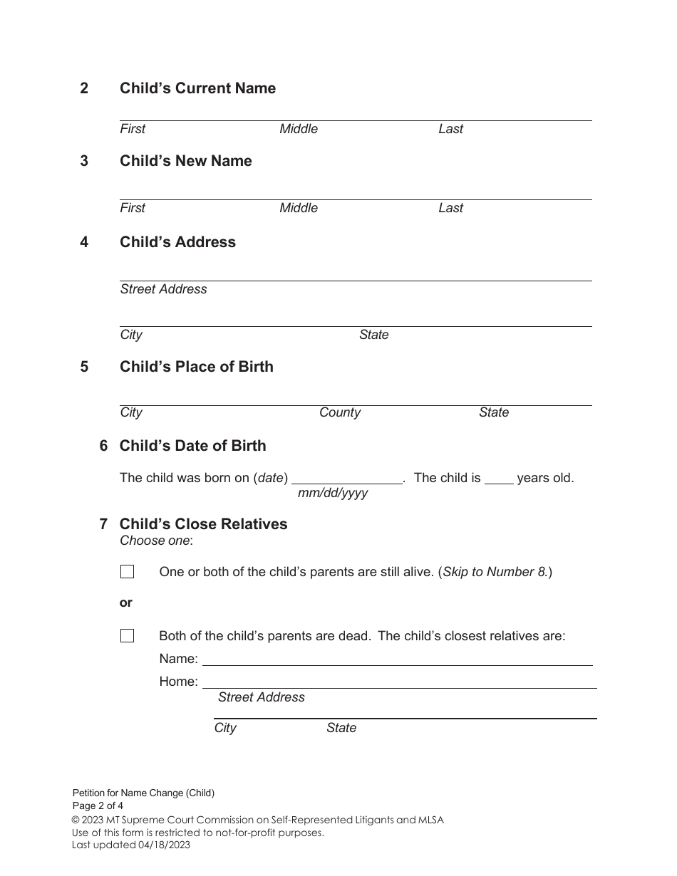 Petition for Name Change (Child) - Montana, Page 2