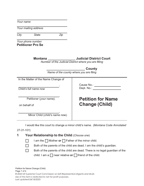 Petition for Name Change (Child) - Montana Download Pdf